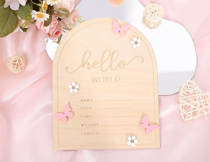 Hello World Newborn Sign - Baby Announcement Sign for Baby Showers, Pink Butterfly Newborn Birth Announcement Board, Daisy Wooden Milestone Card,Welcome.