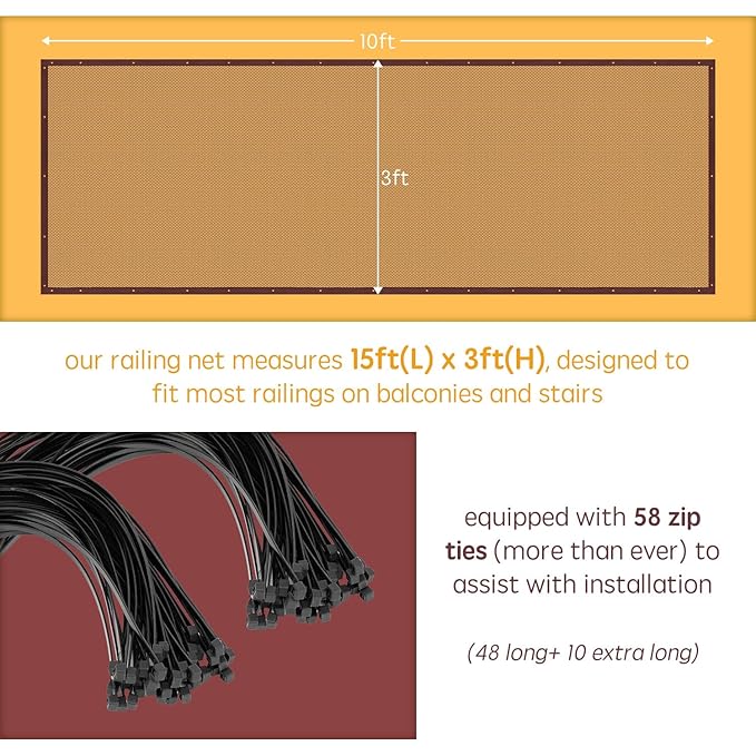 Banister Guard for Baby - 15ft x 3ft, Child Safety Net, Rail Balcony Banister Stair Mesh for Kids, Toys, Pets - Dark Brown…