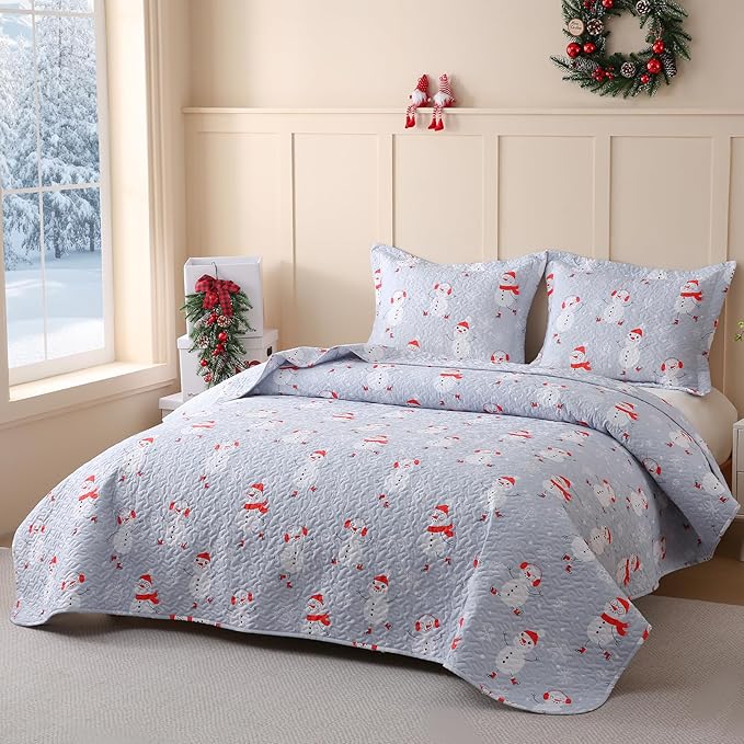 JSD Blue Snowman Christmas Kids Quilt Set Twin Size, 2 Pcs Christmas Bedding, Soft Microfiber Printed Bedspread Coverlet Holiday Quilted Blanket