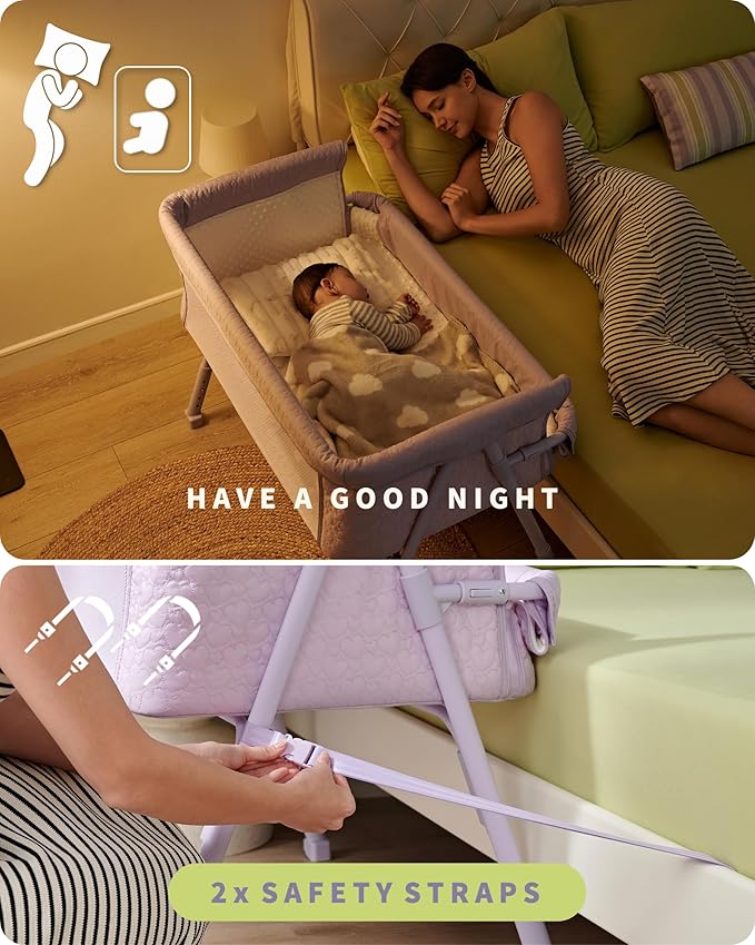 AirClub Bassinet Bedside Sleeper, Baby Crib for Newborn, Baby Bassinets Bedside Sleeper with 4 Auto-Lock & Adjustable Height, Breathable Mesh & Mattress, Bedside Bassinet