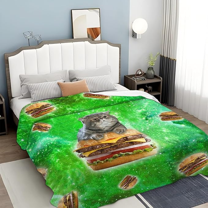 Tijuboni Hamburger Cat Throw Blanket Funny Cat Gifts for Girls Boys Women Men Kids Adults Soft Flannel Fleece Blanket for Couch Sofa Bed Home Decor 50"x60"