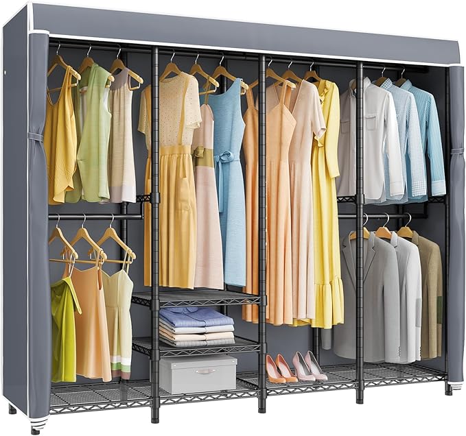 VIPEK V40C Covered Clothes Rack Heavy Duty Clothing Rack with Cover, Custom Freestanding Closet Portable Wardrobe Closet for Bedroom, Large Black Coset Rack with Grey Oxford Fabric Cover