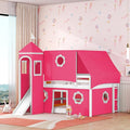 Polibi Full Size Castle Loft Bed with Slide & Pink Tent and Tower, Playhouse Design Spacious Under Bed Space with Curtains, Wood Tent Bed Frame for Kids Boys Girls(Pink,Full)