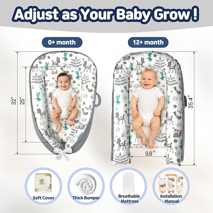 Baby Lounger for Newborn 0–24 Months, Baby Pillow & Baby Nest Lounger, Organic Cotton Breathable Infant Pillow, Portable Baby Nest for Home & Travel (Light Grey)