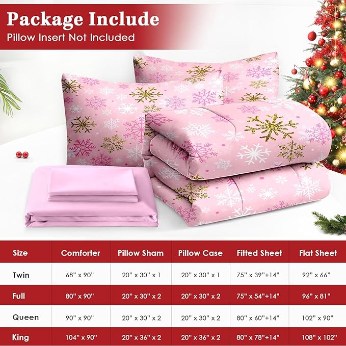 7 Pcs Full Size Christmas Comforter Set with 2 Pillowcases & 2 Shams, Pink Winter Snowflake Bedding for Kids and Adults, Funny Sparkle Farm Bed in a Bag with Flat Fitted Sheet