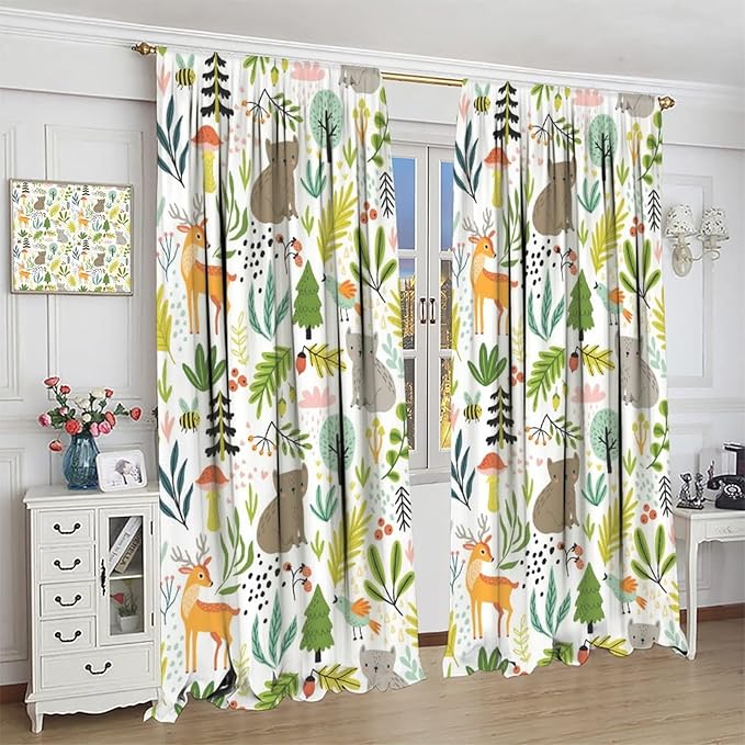 Cartoon Forest Kids Blackout Curtains,Cute Woodland Wild Animals Colorful Deer Plants Trees Print Pattern Thermal Insulation Window Drapes for Nursery Boys Girls Bedroom,White Background 84x84in