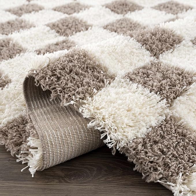 Hauteloom Atira Contemporary Checkered Fluffy Shag Area Rug - Modern Geometric Carpet Tiles for Living Room, Kids Room, Nursery - Plush Pile - Cream, Brown - 18" Sample