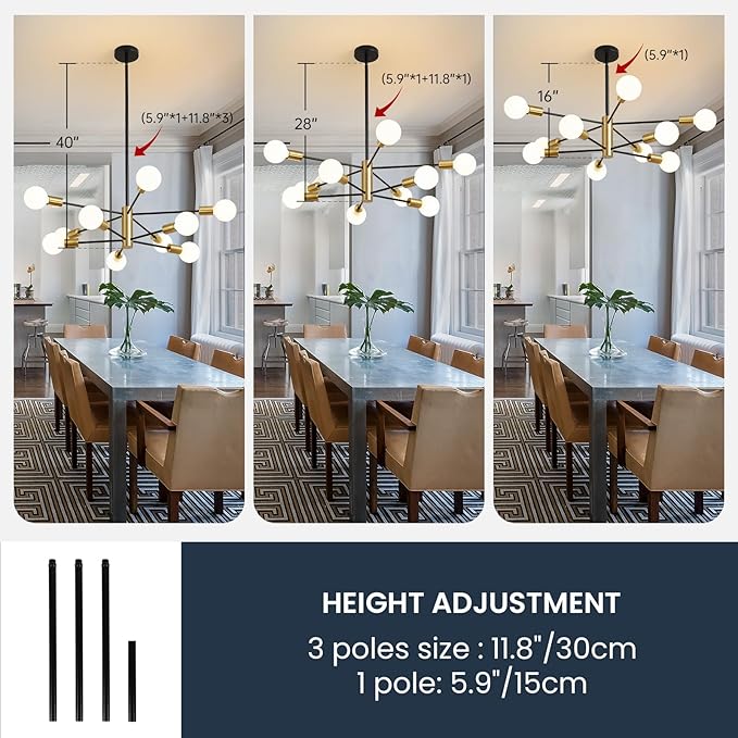 Sputnik Chandeliers Modern Black and Gold Chandeliers 10-Light Mid Century Farmhouse Chandelier Ceiling Light Fixture Height Adustable Pendant Light for Kitchen Island Living Room Dining Room