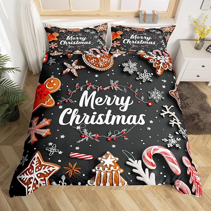 Manfei Christmas Bedding Set 2pcs for Kids Girls Red Cartoon Gingerbread Man Printed Comforter Cover Festival Duvet Cover Set Microfiber Bedspread Cover with 1 Pillow Case(No Comforter) Twin Size