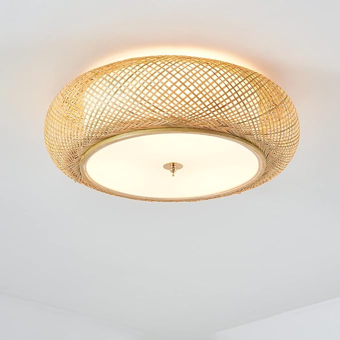 Bamboo Flush Mount Ceiling Light Handwoven Rattan Light Fixture, 3 Lights Boho Ceiling Lamp for Bedroom, Entryway, Foyer (15-inch)