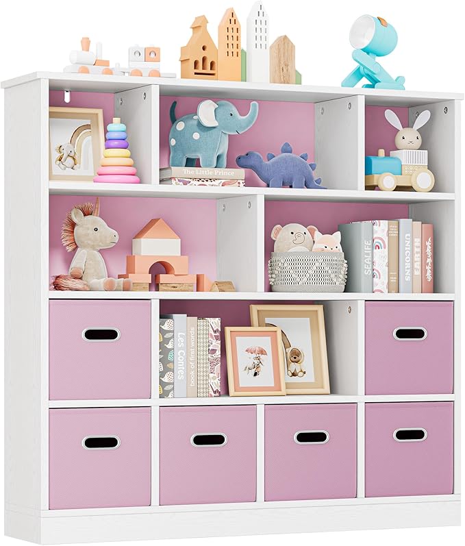 IRONCK Toy Storage Organizer with 6 Bins, Wooden 4-Tier Floor Standing Open Bookshelf Storage Cubby, 12-Cube Storage Shelf Bookcase, Kids Bookshelf and Toy Storage, Pink