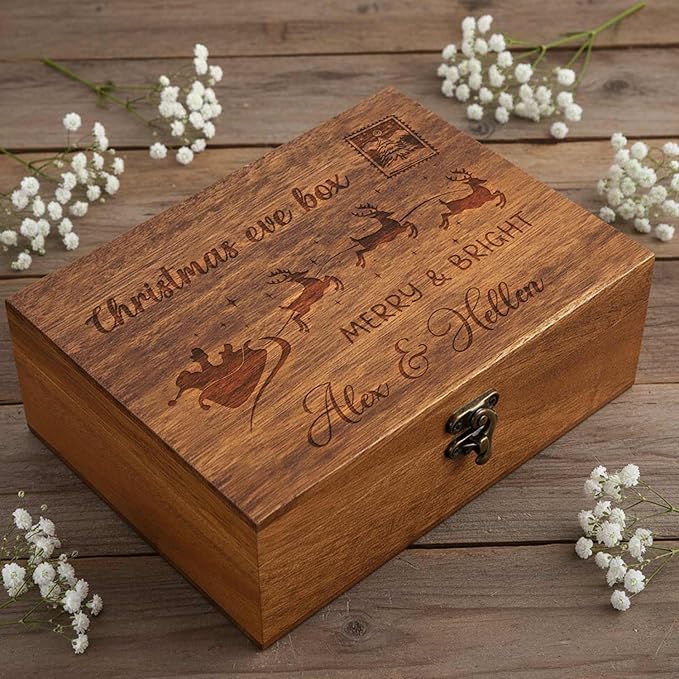 Personalized Funny Christmas Eve Wooden Box, Pine/Walnut Christmas Keepsake Box for Kids, Custom Decorative Boxes Christma Gifts，6 Designs with Santa Reindeer, 10*8*3.5 in for Pine Boxes