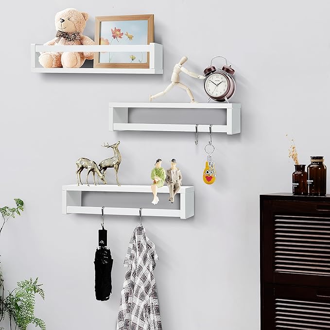 Ollieroo Set of Four Floating Book Shelves for Wall, Nursery Book Shelf for Kids Room, Bamboo Wood Hanging Bookshelf for Baby Teen Boys Girls, Wall Mounted Shelves for Bedroom Bathroom Decor(White)
