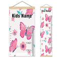 Personalized Kids Name Growth Chart Ruler for Wall Wood Frame Height Measure Chart 13.4x56 in Linen Hanging Height Growth Chart Pink Butterfly & Flower Kids Room Decor
