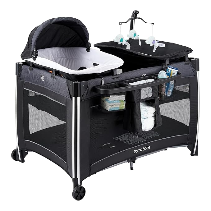 Pamo Babe 4 in 1 Baby Playards with Bassinet & Changing Table, Portable Crib Breathable Mesh and Toy Mobile