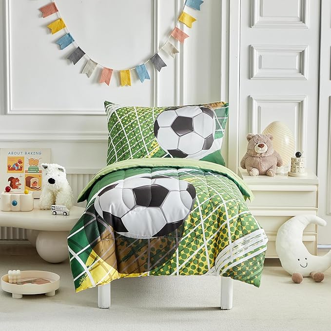 4 Pieces Soccer Toddler Bedding Set for Boys Girls Yellow Green Soccer Field Toddler Bed Set with Goal Cute Toddler Bed in a Bag with Sheet Set and Pillow Shams