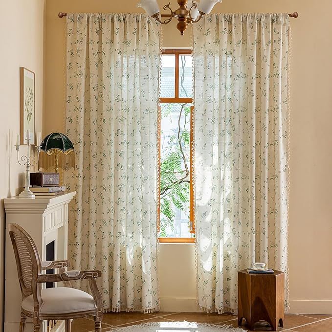 ENJOYBRIDAL White Floral 63 Inch Curtains 2 Panel Set Bedroom Tassel Drapes Short Boho Decor Semi Sheer Window Curtain Panels Living Room Rod Pocket Patterned Cute Rustic Window Treatments