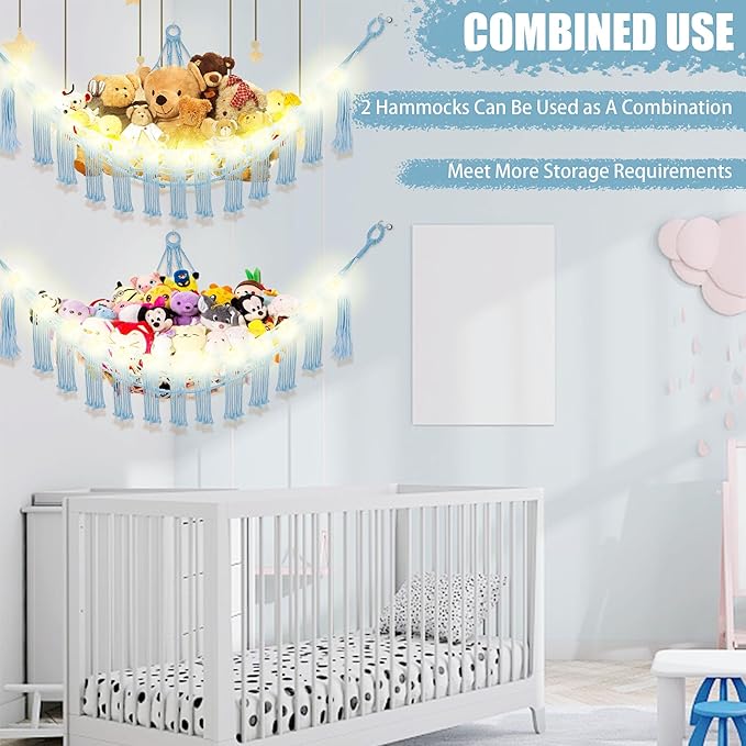 Stuffed Animal Hammock with LED Light, Large Stuffed Animals Storage Corner Plushie Net for Kids Room Decor, 2 Packs Baby Blue
