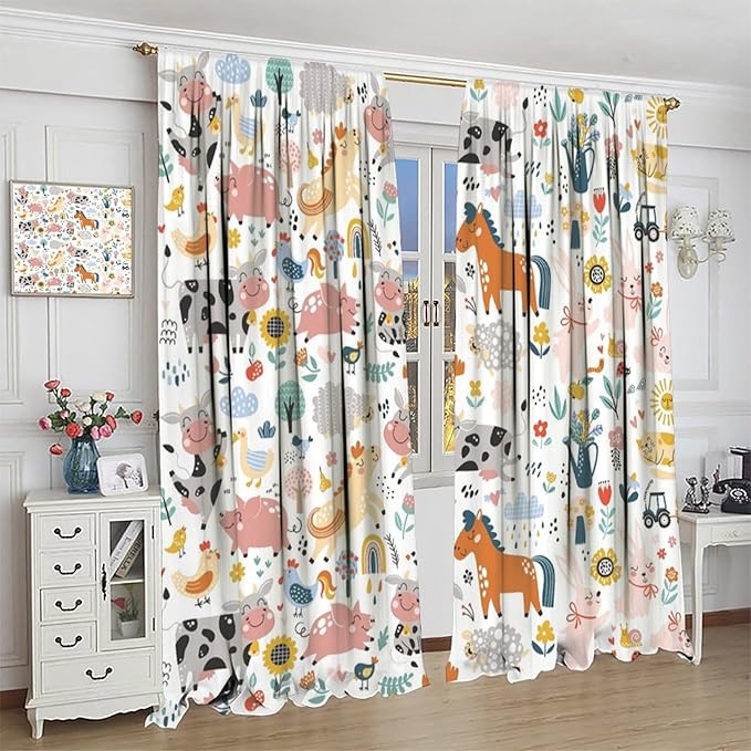 Farm Animal Curtains for Kids, Cartoon Cute Wild Animal Window Treatments Woodland Farmhouse Cow Horse Pig Window Drapes for Girls Boys Nursery Toddler Bedroom 63x72in