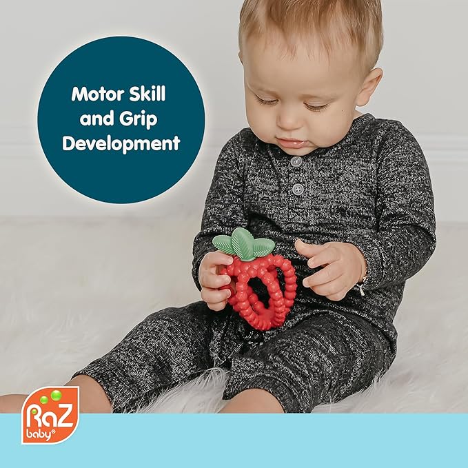 RaZbaby Bites Silicone Baby Teething Toy – Sensory Toy with Textured BerryBumps for Teething Relief, Easy-to-Hold Fruit Shape, BPA-Free, Soothes Front & Back Teeth – Gift for Babies, 3 Months+, Red