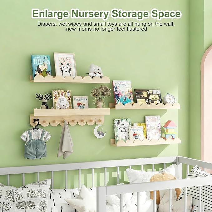 24 Inch Nursery Book Shelves with Hooks, 4-Pack Floating Shelves for Wall, Scalloped Shelves, Wall Book Shelves for Kids Room, Toddler Room, Baby Room, Nursery Decor