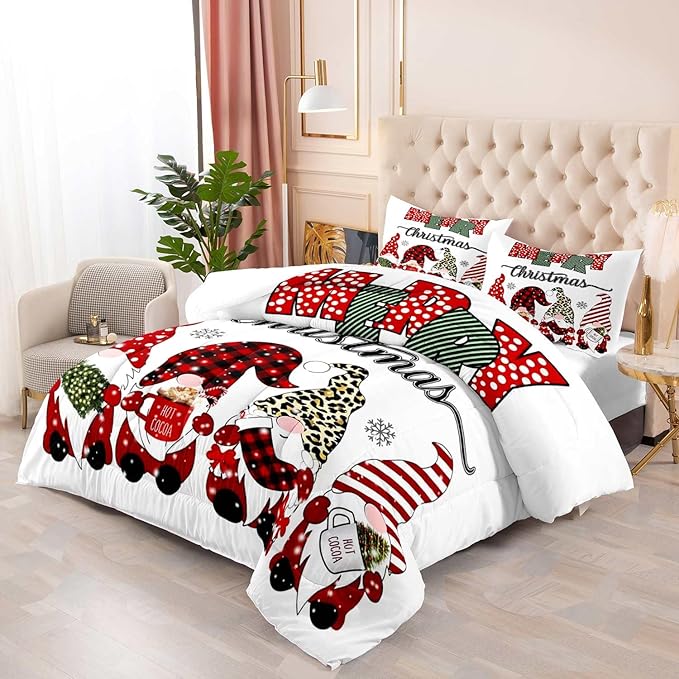 LUVIVIHOME 2PCS Merry Christmas Comforter Set Twin Size, Cute Gnome Bedding, Red Buffalo Plaid Striped Holiday New Year Xmas Bedding, Boys Girls Teens Kids Bedroom Decor, White Quilt, 1 Pillow Case