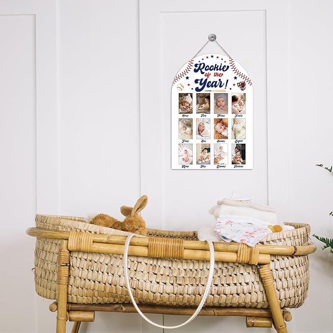 Baseball My First Year Photo Board, Rookie Of The Year Baby Milestone Signs for Boys Girls Nursery Decor, 12 Month Wooden Picture Board for 2x3 Photos, Best Babies Keepsake Gifts-A09