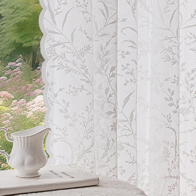 Anmao Vintage Lace Curtains 63 Inches Long 2 Panels Set, Romantic Elegant Light Filtering Semi Sheer Floral Thick Lacy Curtain Drapes for Living Room and Bedroom, Each Panel 55W x 63L, White Leaves