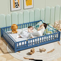 i-POOK Queen Floor Bed Frame with Wood Slats, High Fence & Small Door, Pinewood Montessori Floor Bed for Girls and Boys, Mist Blue
