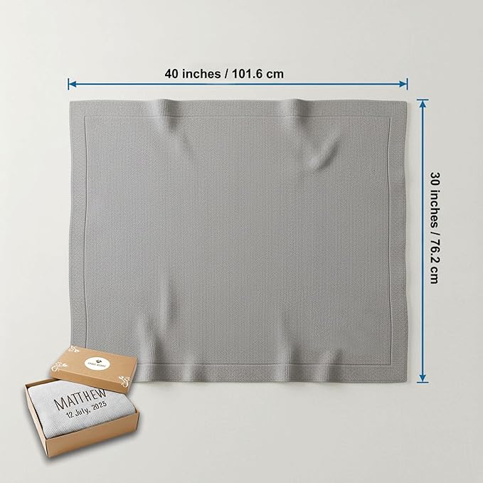 Personalized Baby Blanket with Name - Customized Baby Blanket for Boys & Girls - Embroidered Baby Name Blanket - Monogrammed Newborn Gift - 100% GOTS Certified Organic Cotton (Grey Blue)