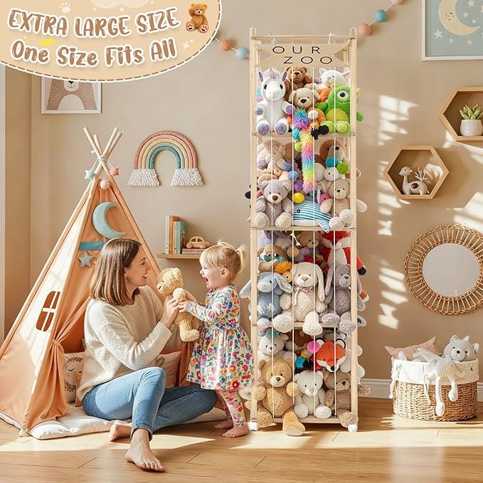 OurWarm Stuffed Animal Storage & Organizer, 68.5 Inch Large Wooden Zoo Stuffed Animal Holder with Wheels, Kids Toy Storage Organizer for Nursery Storage, Toddler Rooms, Playrooms, Bedroom Organization