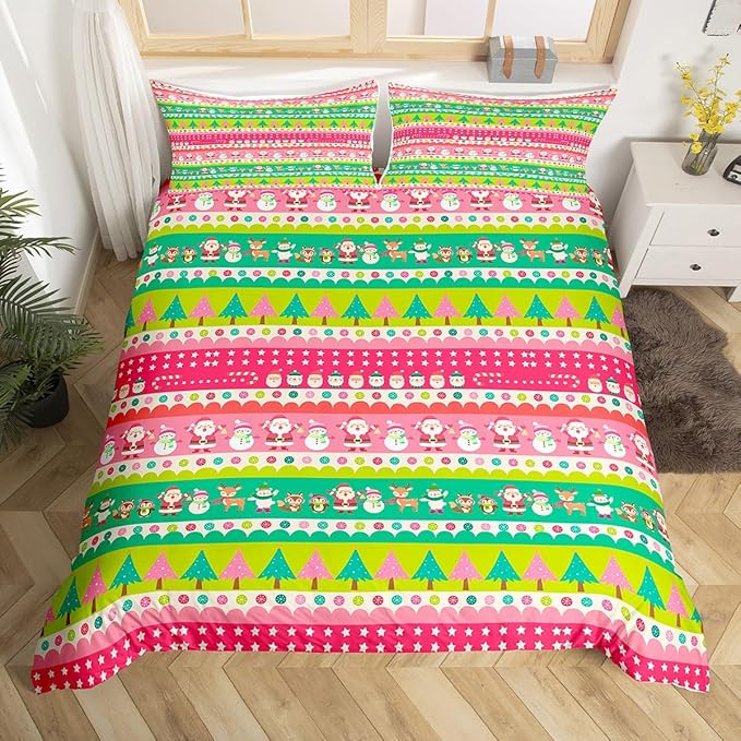 Christmas Bedding Set Cute Fox Santa Claus Polar Bear Comforter Cover for Kids Boys Girls Teens Christmas Tree Duvet Cover Breathable Pink Dots Stripe Bedspread Cover Room Decor Quilt Cover King Size