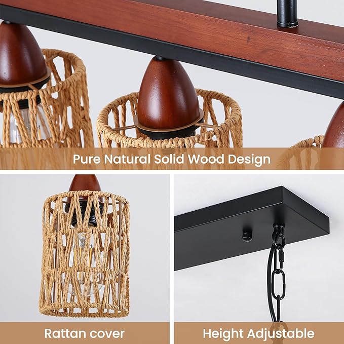 35in Farmhouse Rattan Chandelier Wood Boho Pendant Lighting 5-Light Kitchen Island Light Fixtures Linear Pandeant Light Fixture Rectangle Chandeliers for Dining Room Living Room