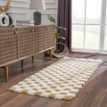 Hauteloom Atira Contemporary Checkered Fluffy Shag Runner Rug - Modern Geometric Carpet Tiles for Hallway, Kids Room - Plush Pile Carpet Squares - Yellow, Cream, White - 2'7" x 7'3"