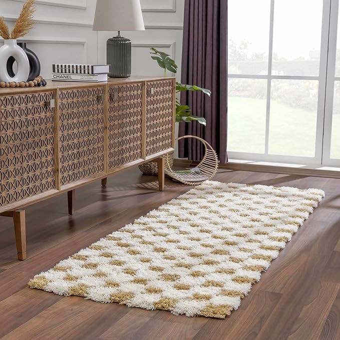 Hauteloom Atira Contemporary Checkered Fluffy Shag Area Rug - Modern Geometric Carpet Tiles for Living Room, Kids Room, Nursery - Plush Pile - Light Mustard, Cream - 8'10" x 12'