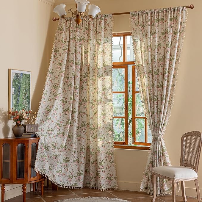 ENJOYBRIDAL Pink Floral 63 Inch Curtains 2 Panel Set Bedroom Semi Sheer Drapes Short Living Room Farmhouse Window Curtain Panels Boho Dining Room Decor Rod Pocket Tassel Window Treatments