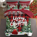 7 Pcs Full Size Christmas Comforter Set with 2 Pillowcases & 2 Shams, Green Cartoon Trees Bedding for Kids and Adults, Black Red Plaid Bed in a Bag with Flat Fitted Sheet