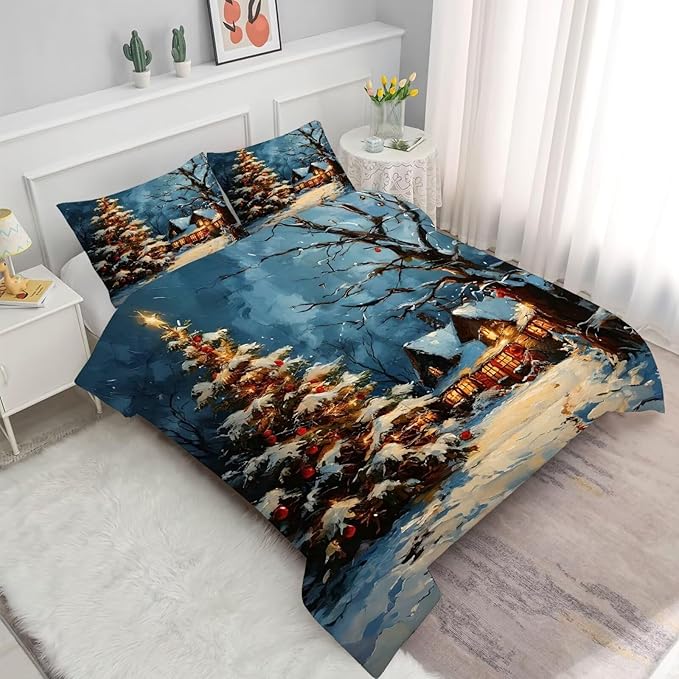Christmas Comforter Set King: Winter Scenery Christmas Tree Bedding for Kids Girls Bedroom Festival Quilt 1 Comforter & 1 Pillowcase