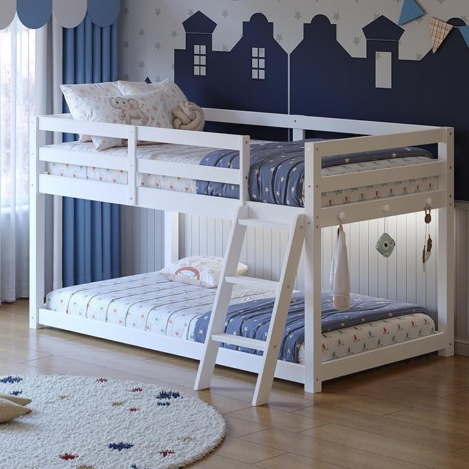 Vantic Floor Bunk Bed with LED Light, Low Bunk Bed with Wide Stairs, Convertible Soild Wooden Toddler Bunk Bed with 6 Hooks, Space-Saving, White