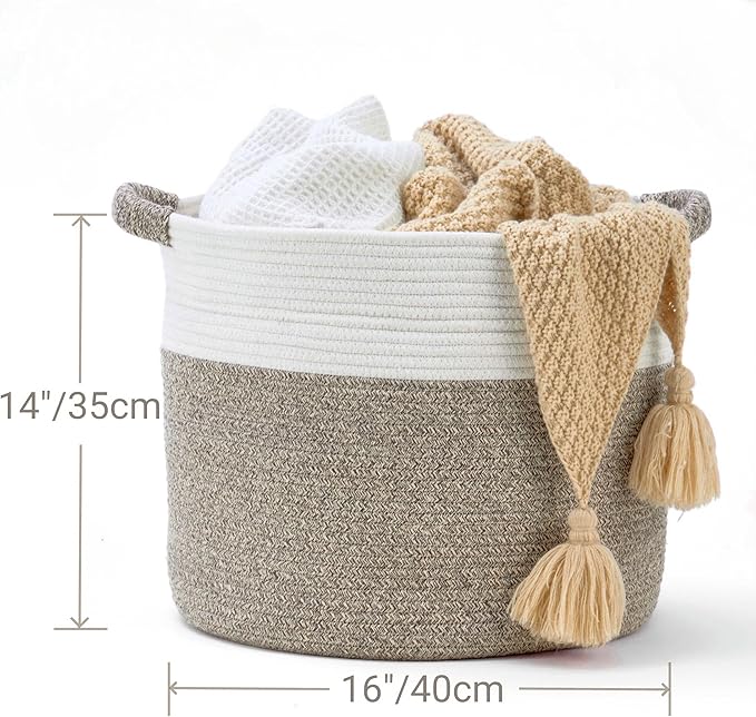 Blanket Basket - Woven Round Rope Storage Basket (16"Wx14"H) for Blankets & Throws, Small Laundry & Toy Organizer, Decorative Living Room & Bedroom Cotton Basket - White & Brown