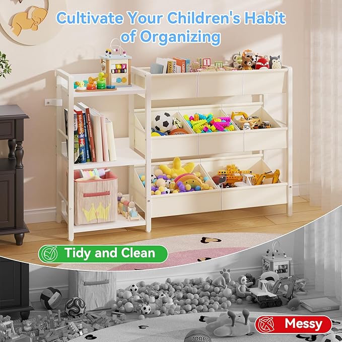 B7 Toy Storage Organizer with 3-Tier Wooden Shelves and 8 Bins, Toy Chest Storage, Toy Shelf Organizer, Kids Bookshelf and Toy Storage for Kids Room, Bedroom, Playroom, Nursery, White
