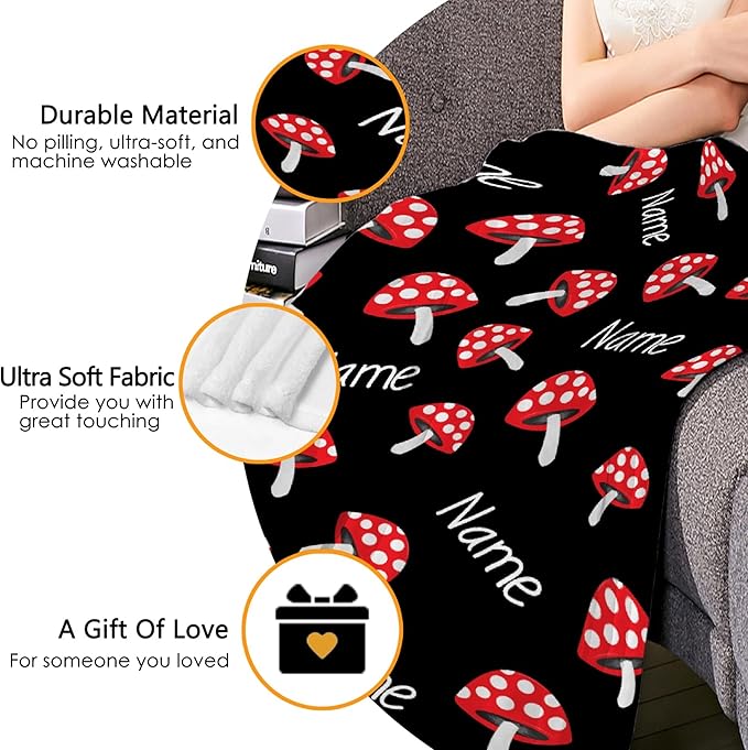 Custom Flannel Blanket with Text Cute Red Mushroom Customized Blankets Warm Unique Personalized Throw Souvenirs Gift of Love