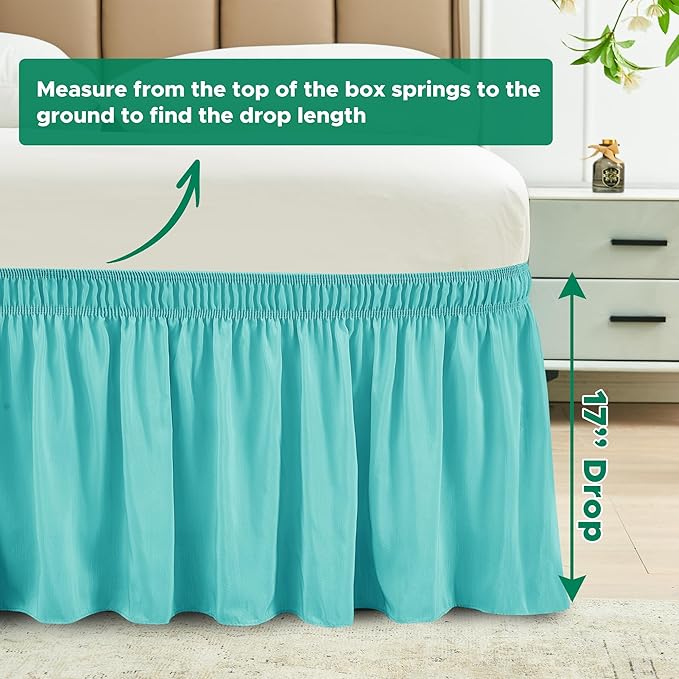 Biscaynebay Wrap Around Bed Skirts for King & Cal King Beds 17" Long Drop, Aqua Adjustable Elastic Dust Ruffles Easy Fit Wrinkle Resistant Silky Luxurious Fabric Machine Washable