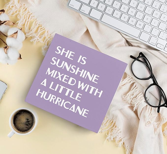 SRADMO She Is Sunshine Mixed with a Little Hurricane Boho Purple Wood Box Sign Desk Decor, Baby Girls Inspirational Wooden Box Decor for Girls Room Nursery Shelf Table Decoration, 8x8 Inches