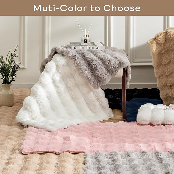 Ashler Faux Rabbit Fur Area Rug, Beige 3x5 FT Fluffy Soft, Rectangle Fuzzy Carpet for Living Room, Bedroom, Machine Washable Shaggy Nursery Rug - 3D Bubble Rug