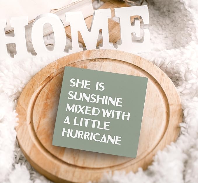 SRADMO She Is Sunshine Mixed with a Little Hurricane Boho Purple Wood Box Sign Desk Decor, Baby Girls Inspirational Wooden Box Decor for Girls Room Nursery Shelf Table Decorative Accessories (Green)