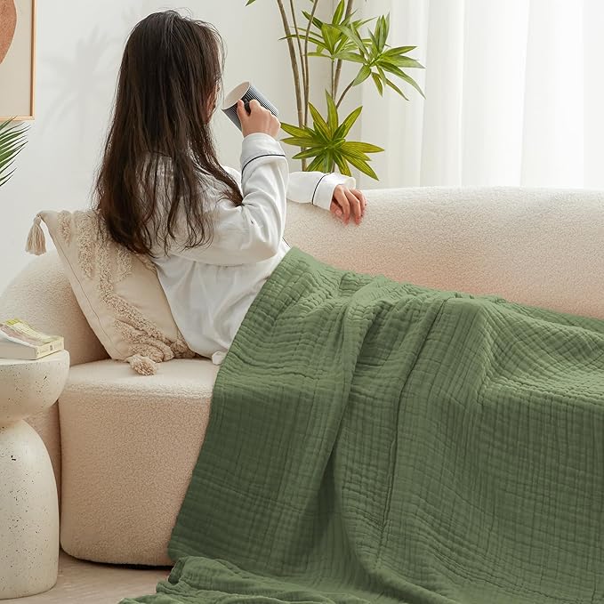 Love's cabin 6 Layer 100% Cotton Muslin Blanket, 90"x90" Muslin Blanket Queen for Couch Bed, Lightweight and Breathable Cotton Gauze for Adult, Sage Green
