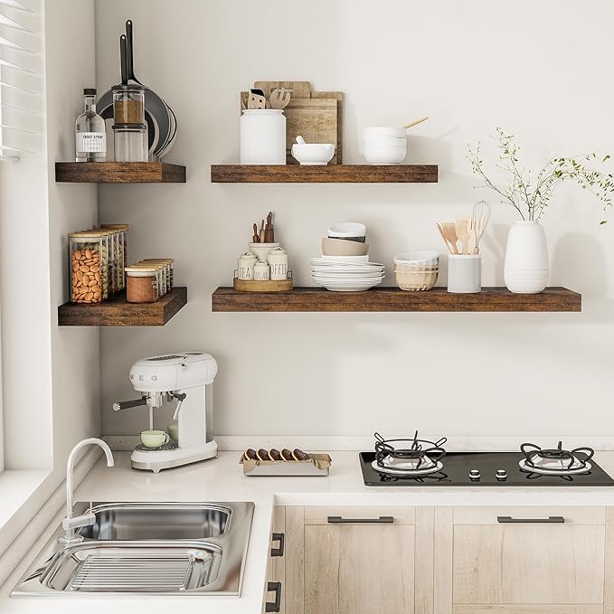 Vivelove 12" Deep Floating Shelves 24/36/48/55" Long, Wall Shelves for Living Room Bedroom Bathroom Kitchen Laundry Room, Farmhouse Rustic Shelves for Home Decor, 48" X 12" X 2" Set Of 2, Rustic Brown