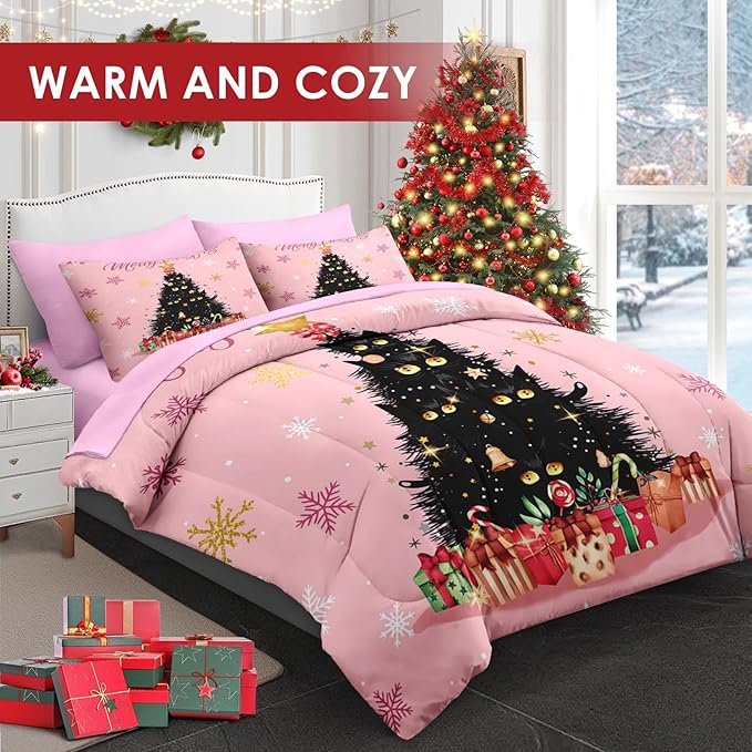 7 Pcs Queen Size Christmas Comforter Set with 2 Pillowcases & 2 Shams, Black Cat Xmas Trees Bedding for Kids and Adults, Pink Snowflakes Bed in a Bag with Flat Fitted Sheet