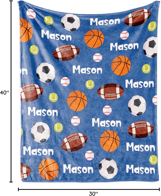 Personalized Ball Blanket with Name for Boys, Custom Kids Ball, Soft Flannel Toddler Customized Gift Birthday Christmas Baby Shower Newborn 30'' X 40'', 6-balls-blue
